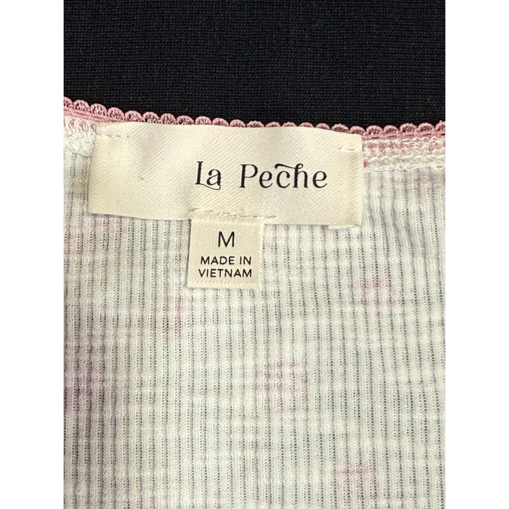 La Peche Peplum Top Women Size M White Pink Floral Coquette Ribbed Cap‎ Sleeve - Picture 3 of 8